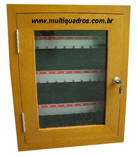 Claviculário de Madeira com Porta de Vidro de Abrir, Fundo em Carpete e Placa de Identificação dos Números